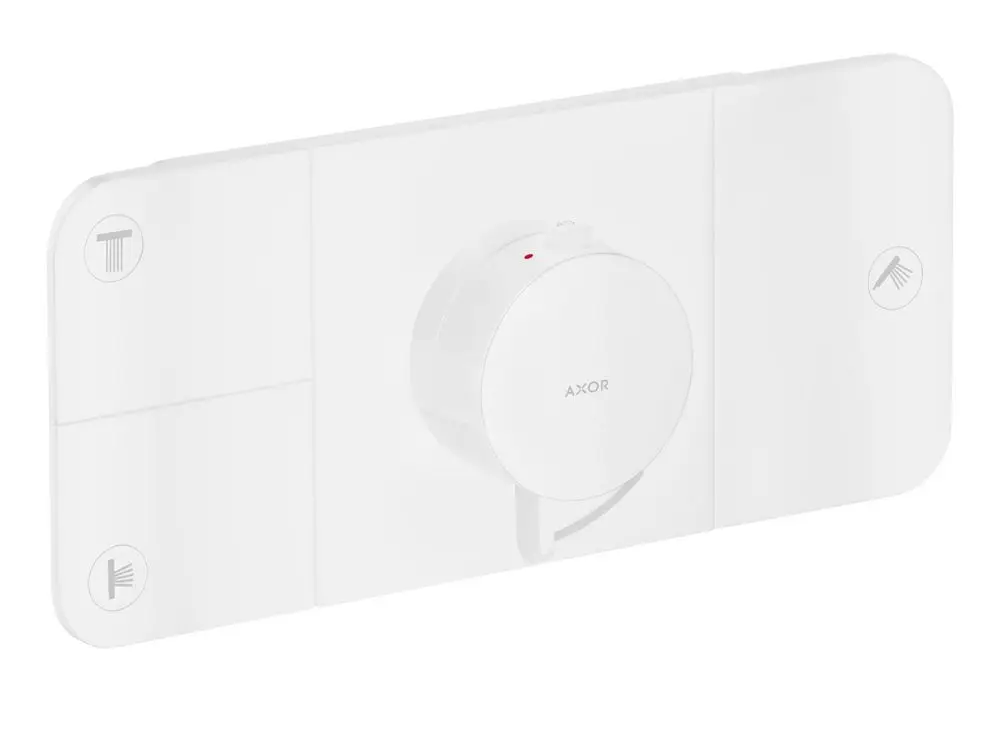 Weißes Thermostatmodul von AXOR zur Unterputzmontage mit einem Drehregler und Schaltflächen zur Steuerung von drei Verbrauchern.